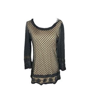 Max Edition Black Sheer Tunic Over Nude Tank Sheer Crochet Sleeves Ruffle Sz Lg